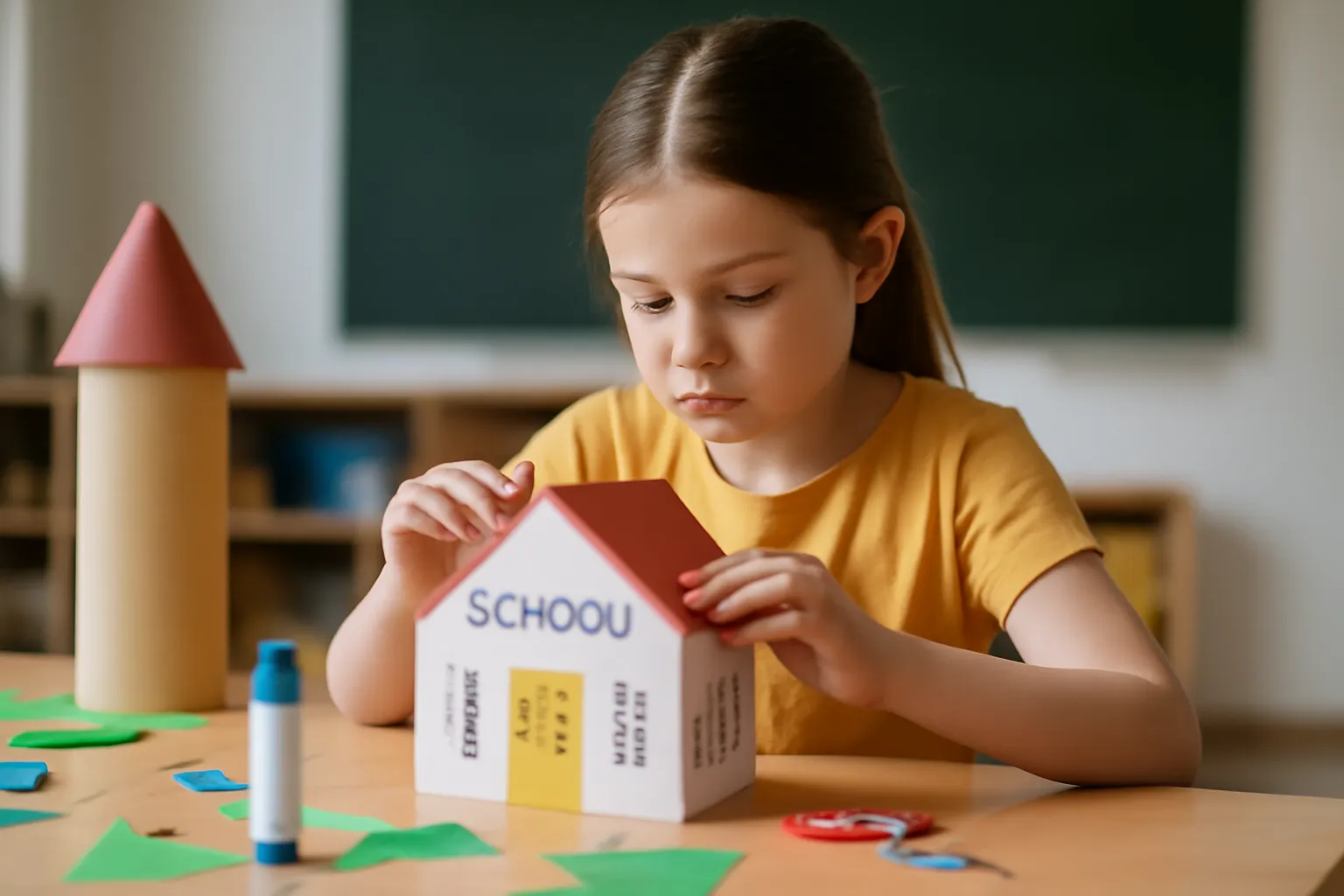 Elementary school student making school