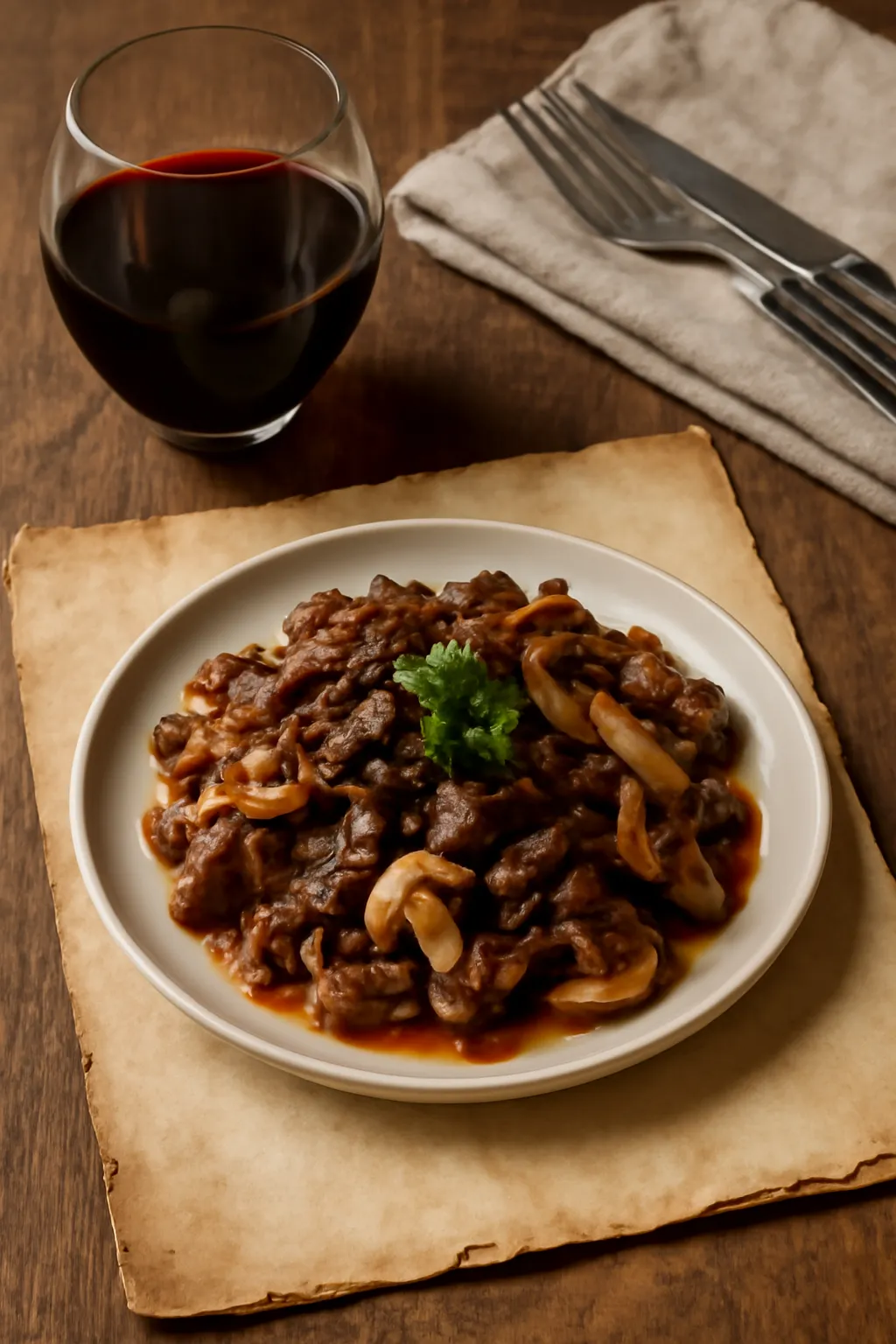 Red wine mushroom bulgogi and old paper
